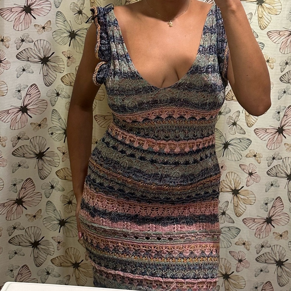BRAND NEW WITH TAGS Multicolor pink/blue Knit Ruffle Sleeveless Dress